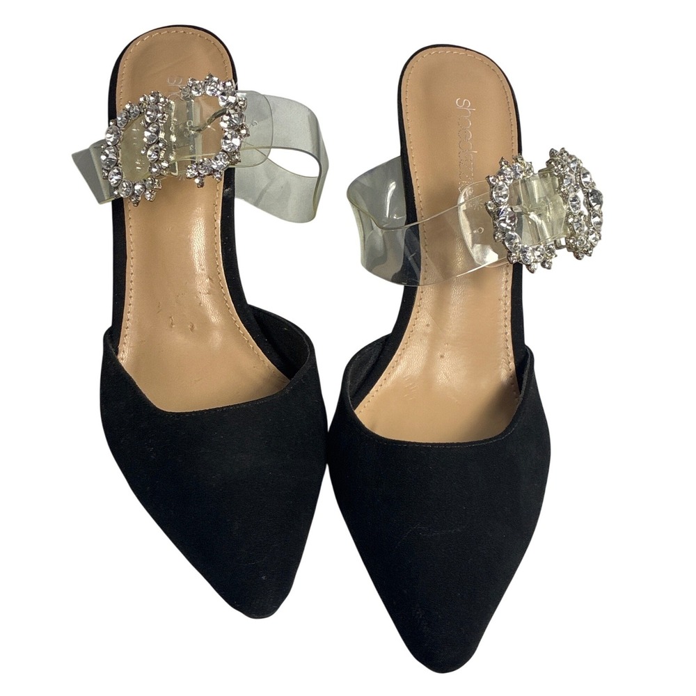 Shoedazzle Joseline Black Pointed Toe Pumps Clear Rhinestone Buckle Heels SZ 11